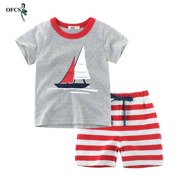 

children suit kid boys cotton short sleeve +stripe shorts baby boys cartoon printed two pieces summer new children sets, White