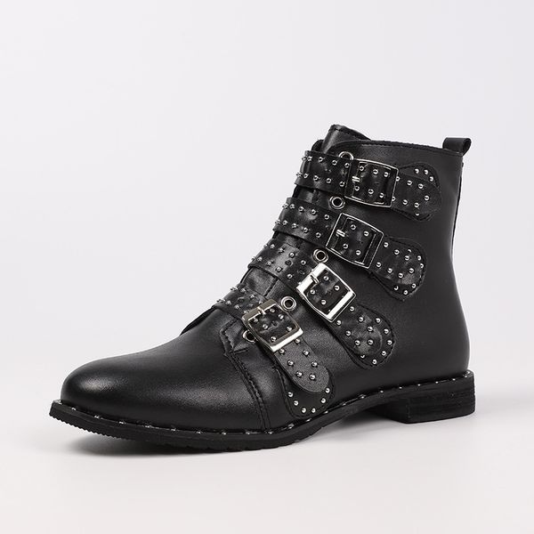 

boots metal europe black large size women girls ankle rubber flat with pu rivet felt buckle women shoes