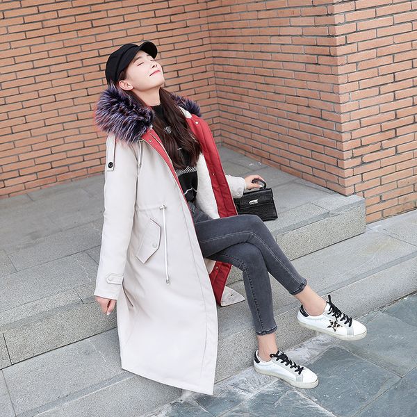 

large size dress parka removable inner wearing two season wearable cotton-padded clothes 2019 winter long large fur collar cotto, Blue;black