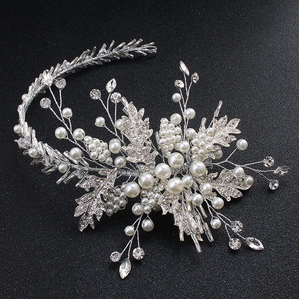 

kmvexo handmade floral crystal bridal tiaras crown rhinestone diadem pageant veil tiara pearl headbands wedding hair accessories, Golden;white