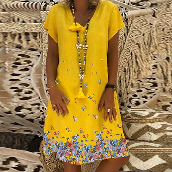 2019 Fashion Women Printing Causal Short Hair Mini Dress V Cut