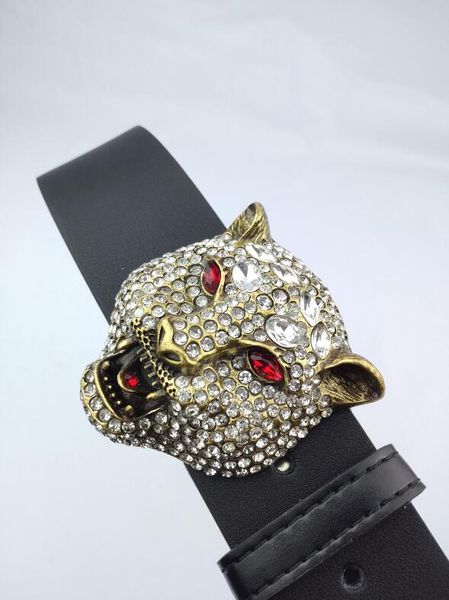 Ocidental Rhinestone Leopard cabeça Buckle tigre Leather Men Belt Jeans presente