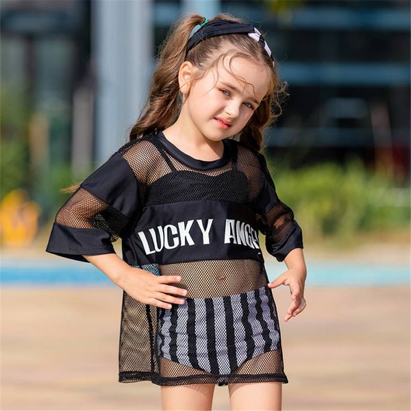 

mesh bikini girls striped print swimsuit two piece children swimwear kid letter two piece swim suit child black bathing suit