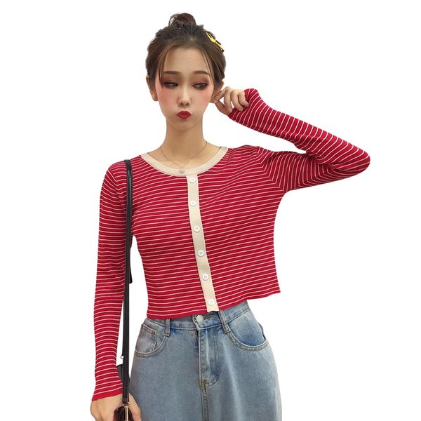 

women korean contrast color striped sweater women o-neck long sleeve knitted pullover jumper slim fashion buttons short sweaters, White;black