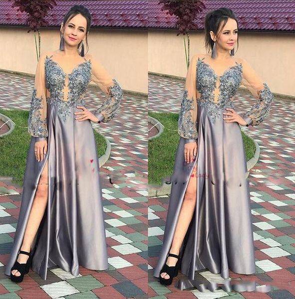 

grey a-line prom dresses with lace applique sequined sheer long sleeve split evening dress cover buttom robe de soiree party gowns, Black