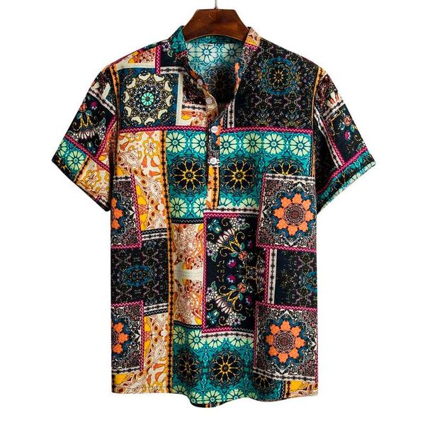 

ethnic shirt men summer short sleeve turn-down collar button shirts loose hawaiian shirts vintage linen cotton, White;black