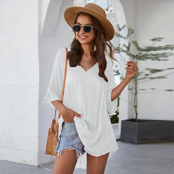 

casual oversized t shirt women ruched v-neck half sleeve long style tshirt ladies loose summer clothes tee shirt femme 2020, White