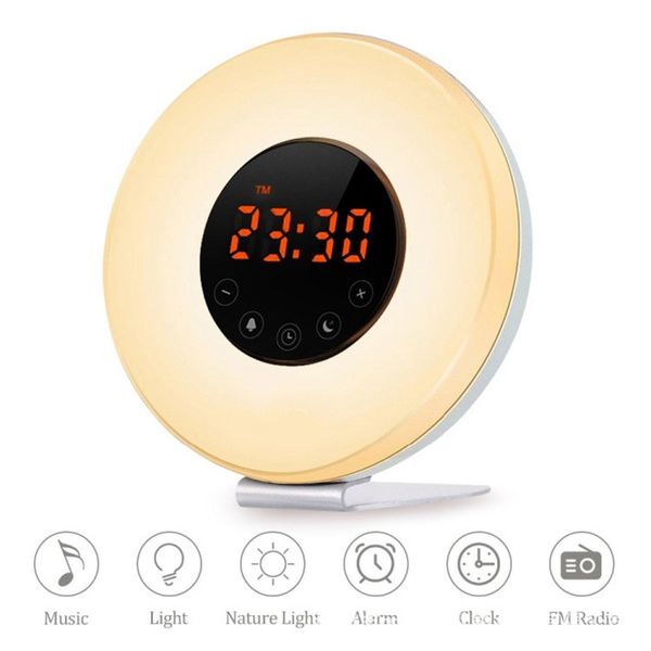 

led digital alarm clock sunrise wake up light 7 colors radio nature sound sunset simulation touch control snooze function wekker