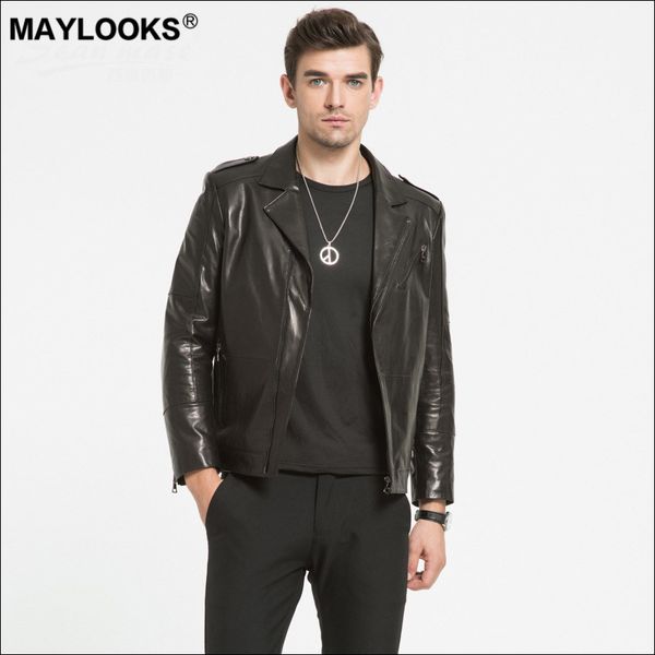 

maylooks 2019 autumn winter new leather leather men's hair goat jacket casual punk locomotive jacket ws138, Black
