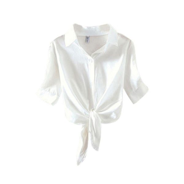 

white color casual wild fashion women's shirts korean style half sleeves turn-down collar bow short women and blouses