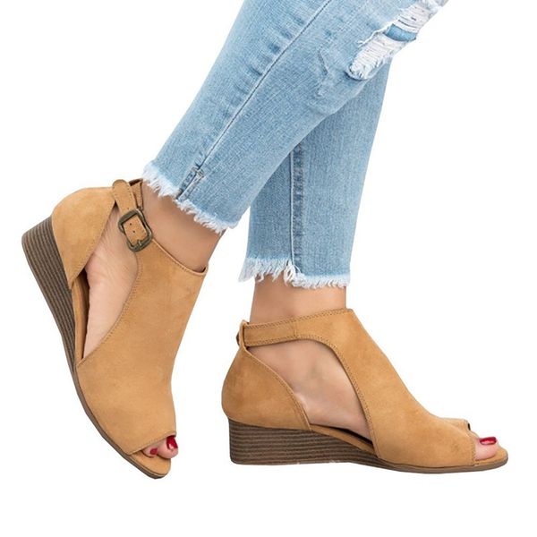 

women's sandals 2019 summer comfortable breathable casual shoes buckle belt wedge retro fish mouth roman gladiator sandals 35-43, Black