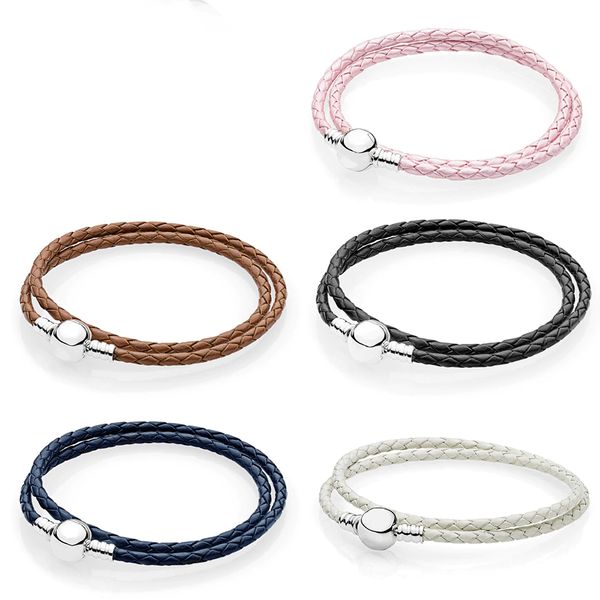 

2019 new 925 sterling silver fashion classic bracelet moments black pink double circle leather original female jewelry, Golden;silver