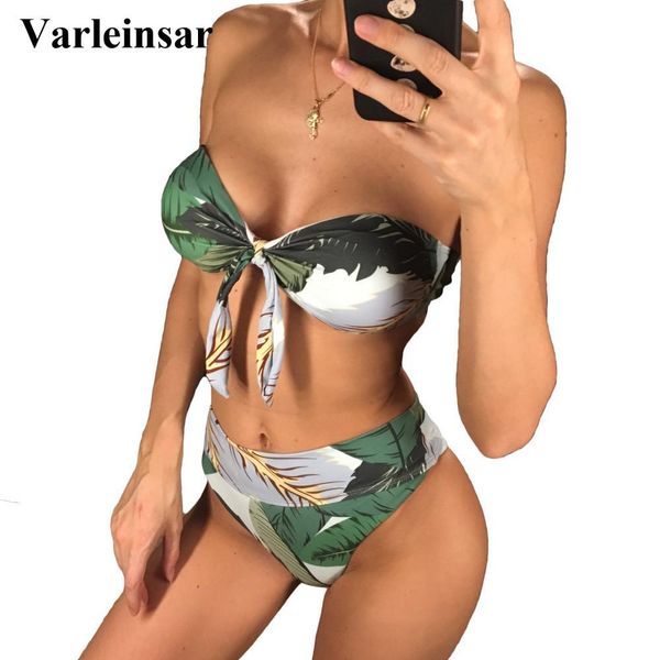 

leaves print bandeau swimsuit female high waist bikini women swimwear two-pieces bikini set 2019 bather bathing suit swim v1111, White;black
