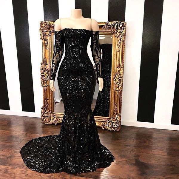 

black off the shoulder sequins long sleeves mermaid evening dresses 2019 lace applique sweep train formal party prom wear dresses e033, Black;red
