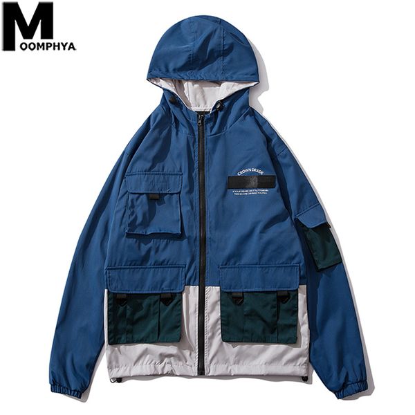 

moomphya multi pockets splicing jacket men hooded windbreaker 2019 autumn men's jacket streetwear fashion male coat, Black;brown