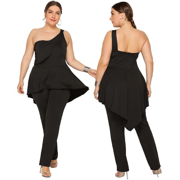 

large size women's clothing, women's models, solid color comfort, fake two-piece one-shoulder halter jumpsuit 4xl, Black;white