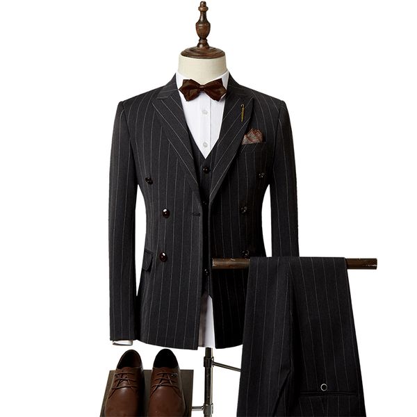

suist men's double-breasted gentleman striped suit 3-piece suit blazer + pants + vest groom wedding dress (can be bought, White;black