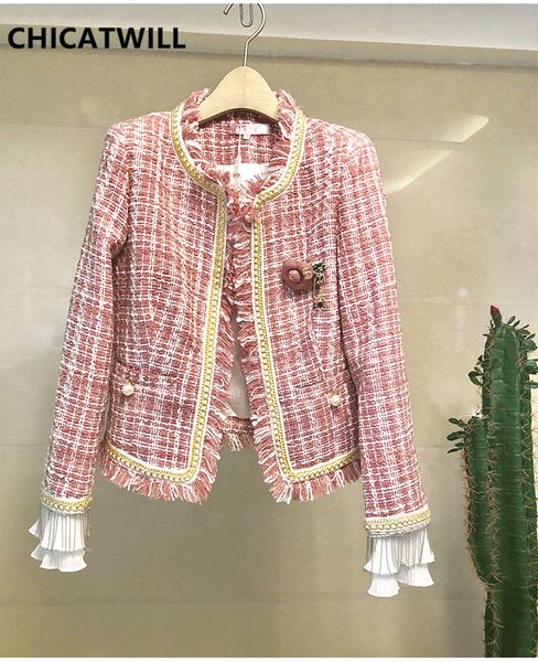 

chicatwill 2019 autumn winter women tweed plaid jackets ladies elegant chains tassel outerwears, Black;brown