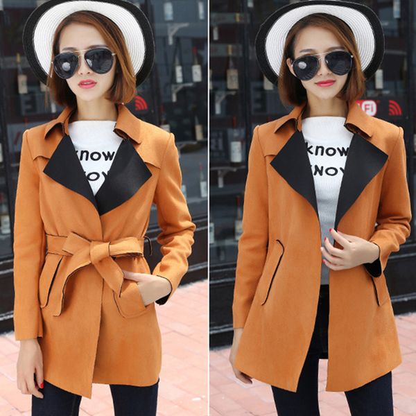 

2019 spring women faux suede fabric leather trench coat medium long sleeve jackets with belt korean elegant coats orange gray, Tan;black
