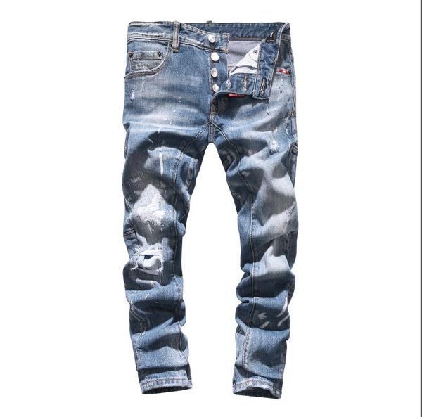 

new 2019 men ripped denim tearing jeans navy cotton fashion tight spring autumn men's pants a8005, Blue