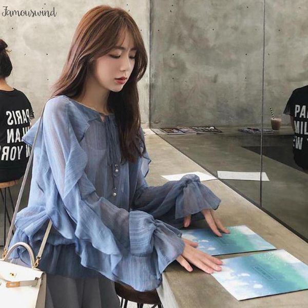 

blouse style 2019 new arrival korean spring ruffle fairy temperament loose chiffon shirt full applique sleeve ruffled shirt ing, White