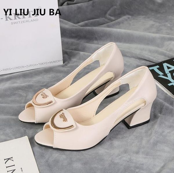 

2019 spring fashion women mid heels pu leather women shoes casual party peep toe shoes summer plus size 35-40 **248, Black