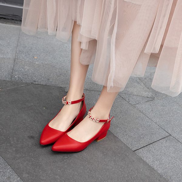 

fashion summer new 2020 pointed toe chunky heels red black crystal ankle strap low heel pumps party women shoes