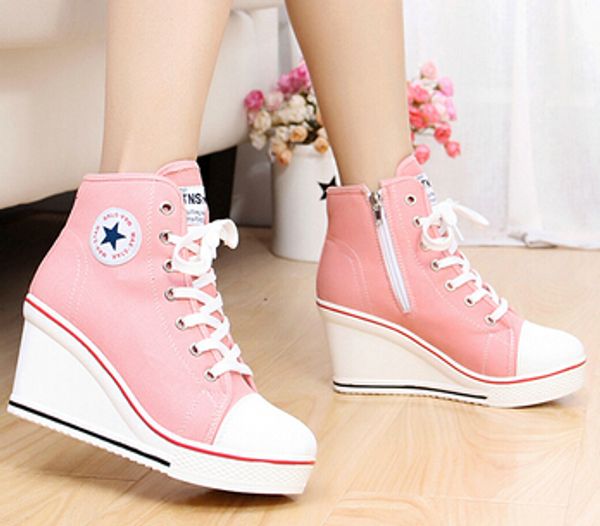 

5 badge wedges high lacing casual elevator shoes female canvas shoes high wedge sneakers women sport shoes, Black