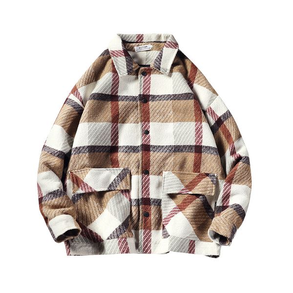 

man plaid woolen jacket loose wool overcoat plaid wool coat, Black