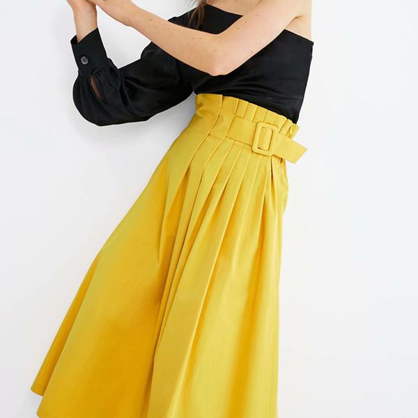 

za women's pleated skirt autumn and winter yellow poplin half-length skirt drape comfortable versatile skirt to send belt, Black