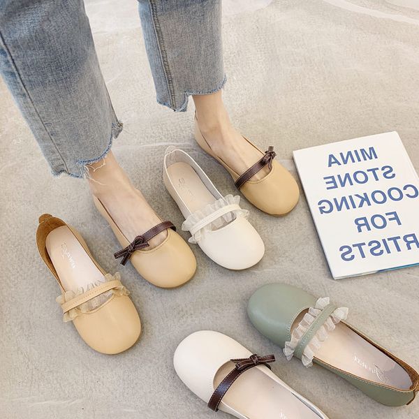 

casual flats shoes female 2020 summer mori girl shallow slip on all-match cute lace contrast color white fashion women shoes, Black