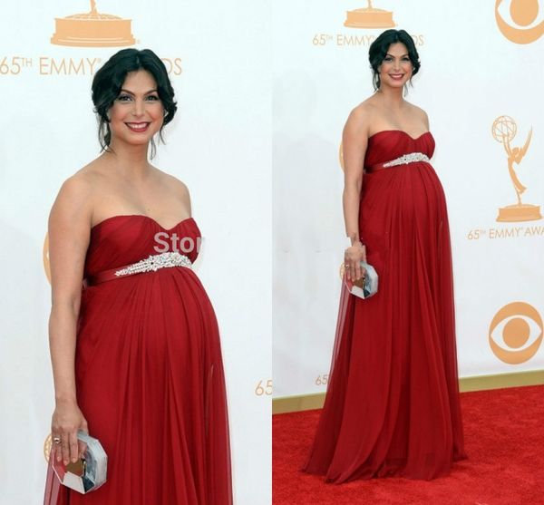 

red empire waist celebrity evening dresses pregnant strapless sweetheart floor length chiffon beaded belt prom party dress long plus size, Black;red