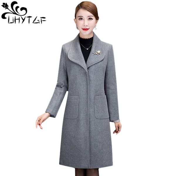 

uhytgf 4xl plus size coats female temperament mom autumn wool coat pure color wild slim long jacket woman's casual warm 443, Black