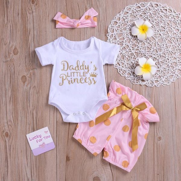

new toddler baby girls outfits set girls short sleeve letter print harmony bow polka dot print shorts headband three piece set, White