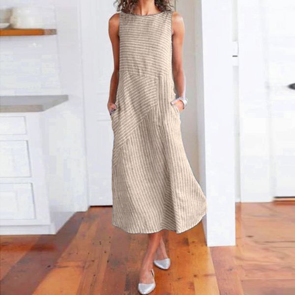 

women maxi dress casual striped sleeveless dress crew neck linen cotton pocket long casual elegant leopard vestidos, Black;gray