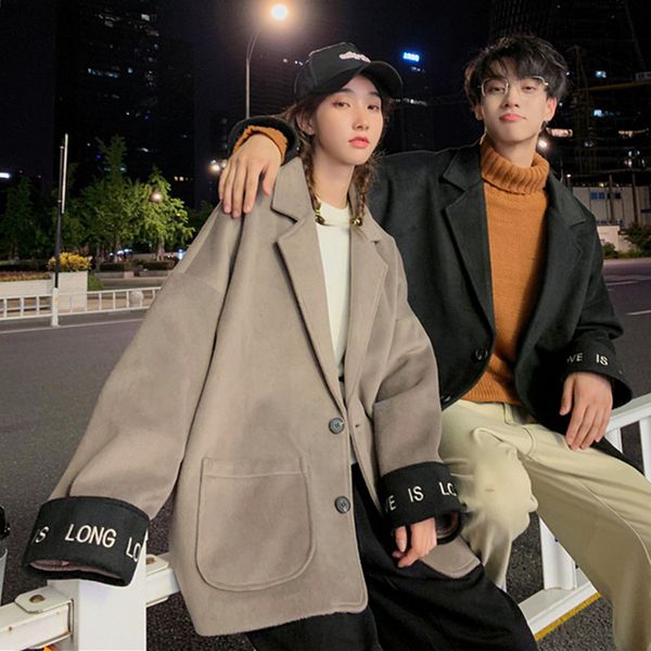 

2019 new autumn and winter korean version of the thick section casual loose embroidered wool coat mens overcoat, Black