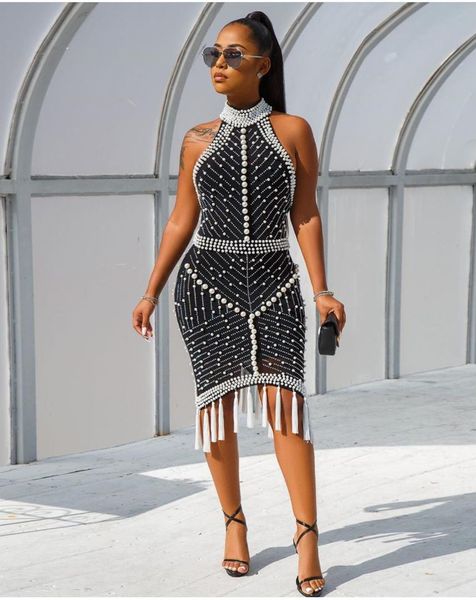 

women summer fall midi dress halter pearl diamond tassel dress backless club night party street bandage dresses, Black;gray