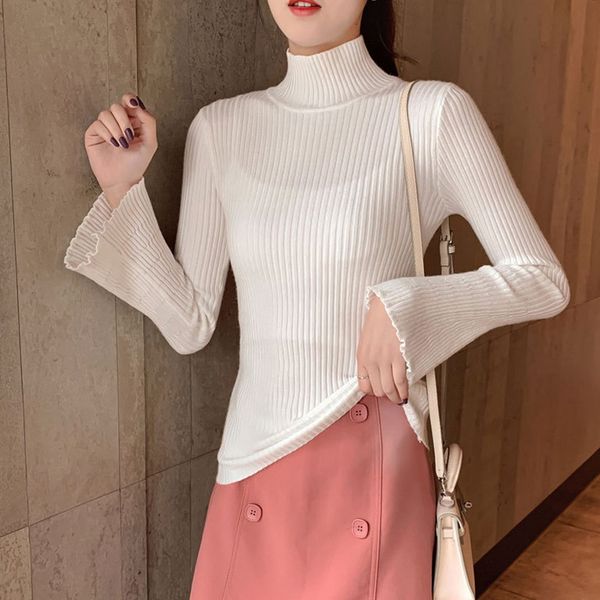 

2019 womens autumn solid color slim sweater long-sleeved bow knit bottoming shirt slim, White;black