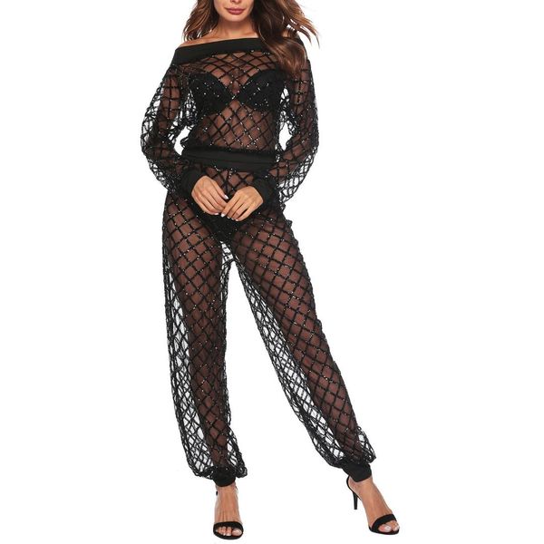 

2019 black sequined mesh two pieces set women slash neck suit club hollow out long sleeve and pants outfits, White