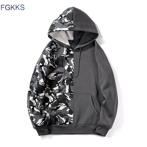 

fgkks men fashion hoodies autumn winter new men's camouflage splice hooded sweatshirts pullover hoodie brand male clothing, Black
