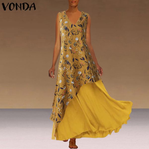 

vonda fashion long dress v neck sleeveless maxi summer dress 2019 vintage bohemian sundress casual loose plus size vestidos, Black;gray