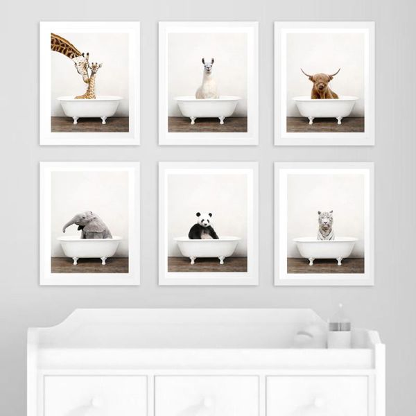 

baby animal in bathtub poster alpaca giraffe panda elephant bear canvas painting nursery wall art nordic pictures kid room decor