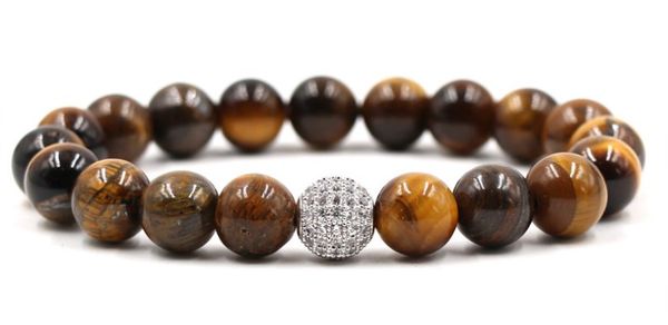 

10mm dfh3d elastic adjusted nature yellow tigereye bead micro pave cz zircon cubic zirconia ball bracelet, Black