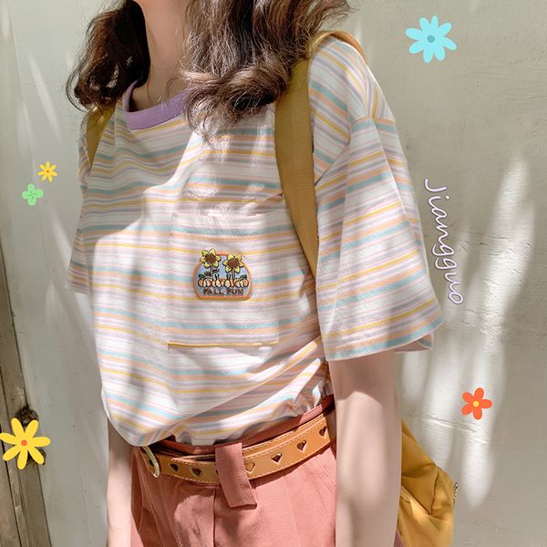 

japanese cute student ins sunflower embroidery t-shirt teen girls student rainbow stripes cotton soft sister short sleeve, White