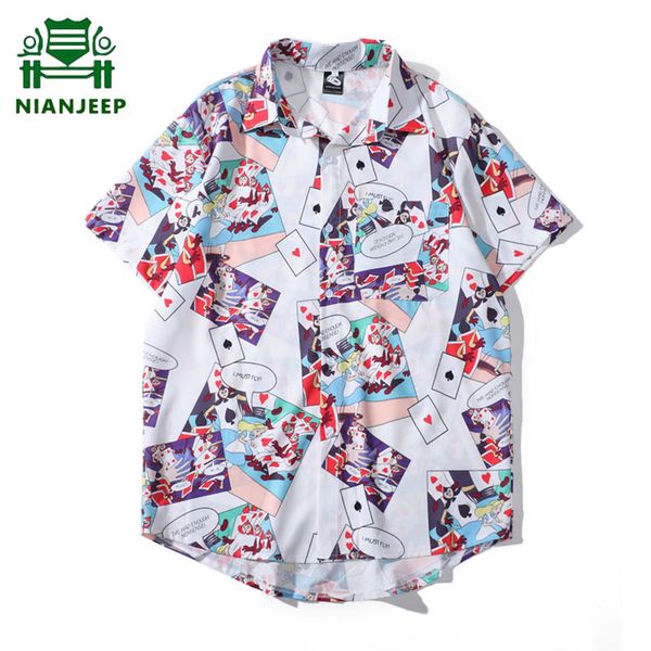 

men's cartoon print shirt loose hip hop streetwear mens short sleeve shirts women harajuku hawaiian beach male chemise homme, White;black