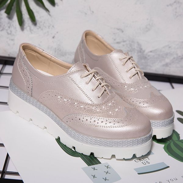 

spring brand women platform shoes brogue genuine cow leather shoes outdoor walking flats heels female sapato feminino