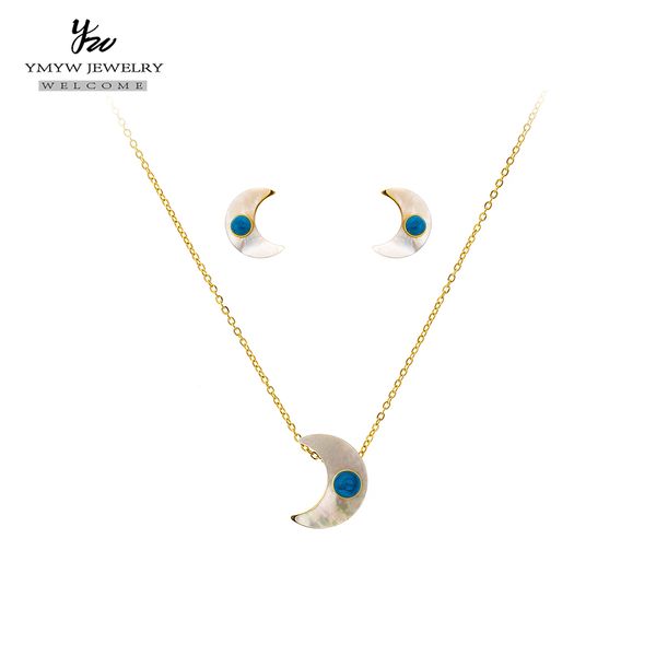 

ymyw spain moon jewelry sets gold stainless steel stud earrings necklace natural shell fashion accessory for women brand brincos, Silver
