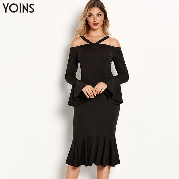 

yoins women elegant fishtail dress off shoulder bell sleeves 2019 bodycon black dresses midi length vestidos party dating, Black;pink