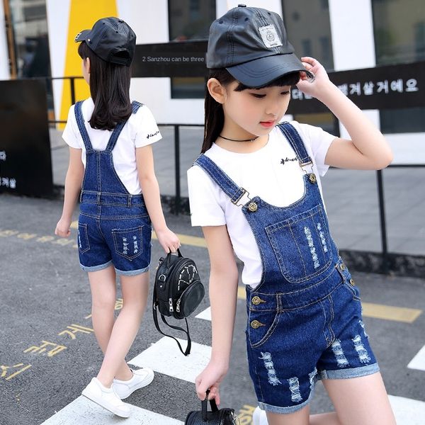 

classic casual crawler girl summer sling clothing shorts clothing clothes in the big kids ripped denim suspender shorts children's, Blue