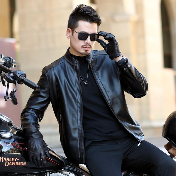 

autumn men new motorcycle causal vintage leather jacket coat men outfit fashion biker zipper pocket design pu leather jacket, Black